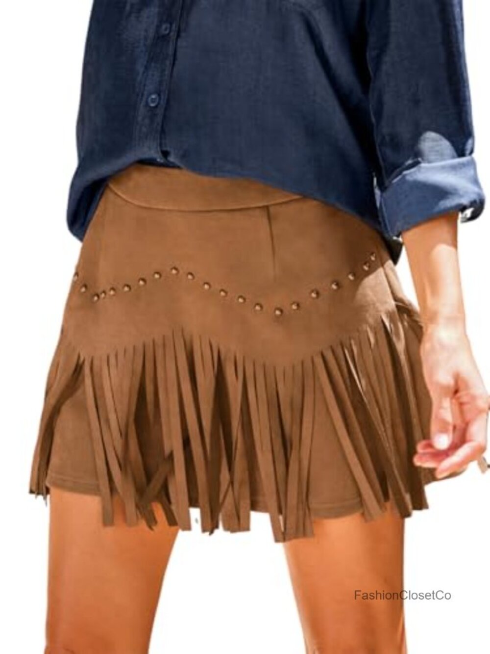 Faux Suede Fringe Mini Skirt High Waist Western Cowgirl